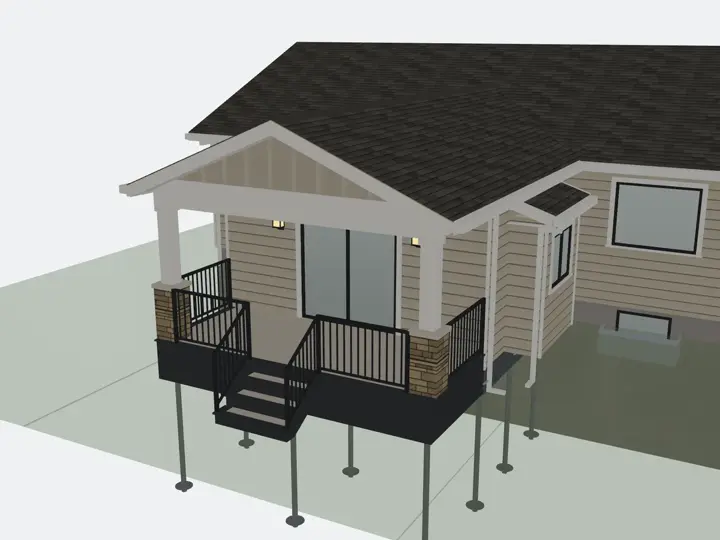3D design of a single storey home addition with a covered landing and stone columns