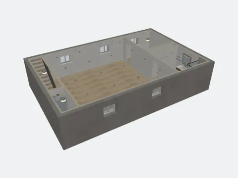 3D design of a developed basement with a family room and bathroom