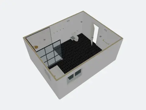 3D design of a bathroom with a glass shower and hex tile floor