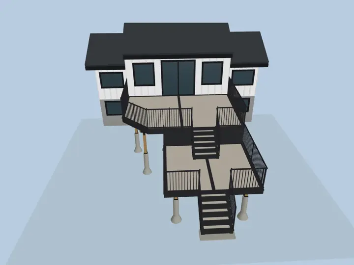 3D design of a two-level deck with black railing and stairs