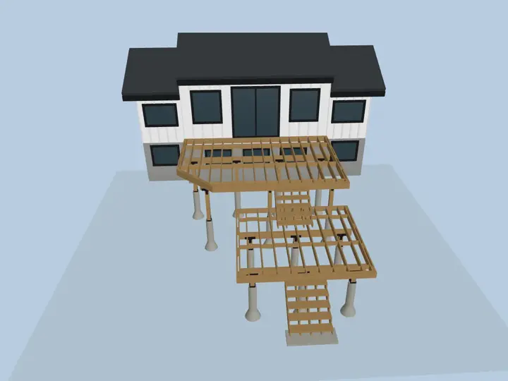 The same deck design with the decking removed to show the framing and posts