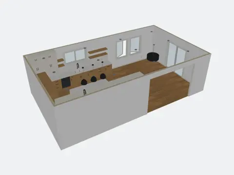 3D design of a kitchen with an island and pendant lights