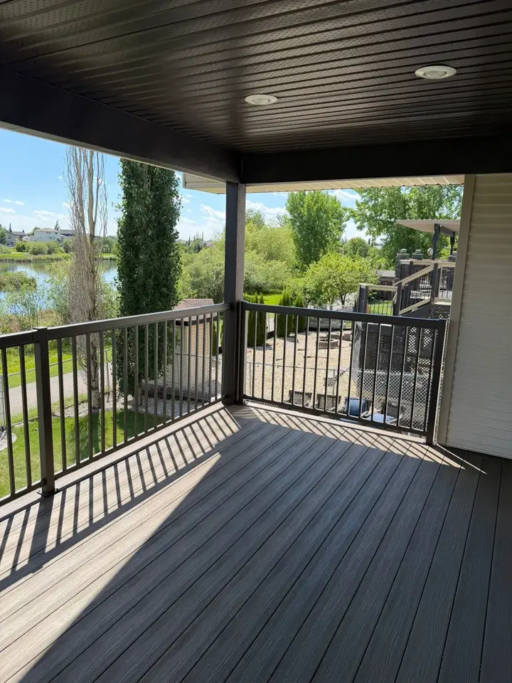 Covered Composite Deck with Pond View