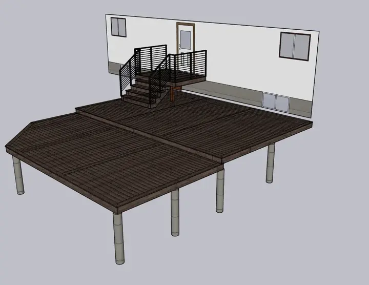 3D design model of a two-tier composite deck with engineered footings, drawn by Green Ladder Contractors for a Red Deer home