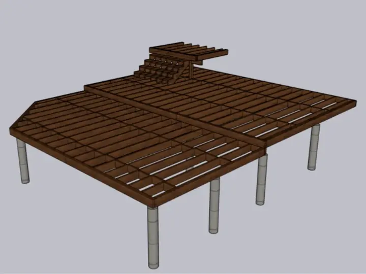 3D framing model of a two-tier composite deck showing concrete pile footings, beam and joist layout, and stair stringers, drawn by Green Ladder Contractors for a Red Deer home