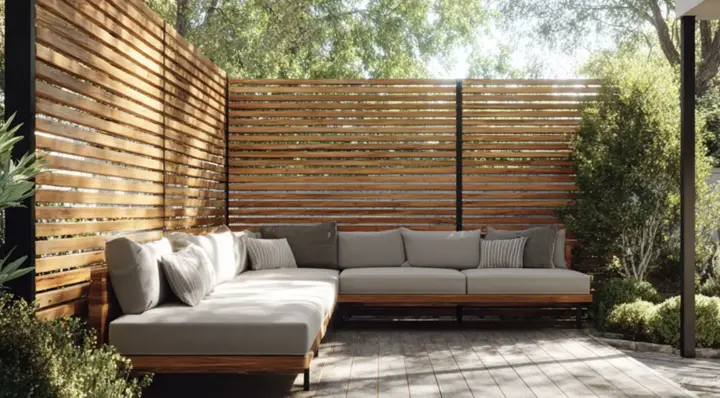 Horizontal cedar slat privacy screen panels enclosing a deck seating area