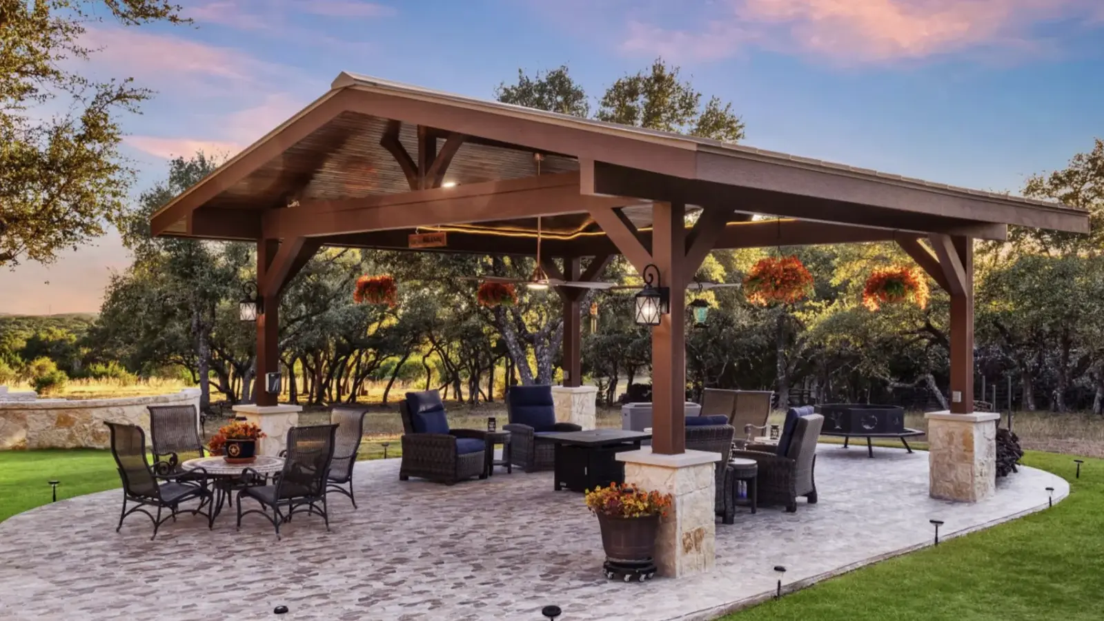 Interlocking paver patio with a seating area and planted border