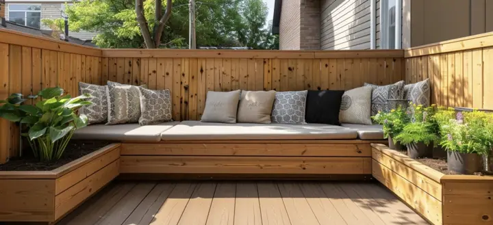 Vertical cedar board privacy wall behind a built-in deck bench with planters