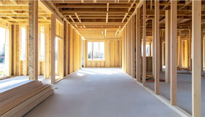 Sunlit interior of a framed house looking down a corridor of stud walls, with floor joists overhead