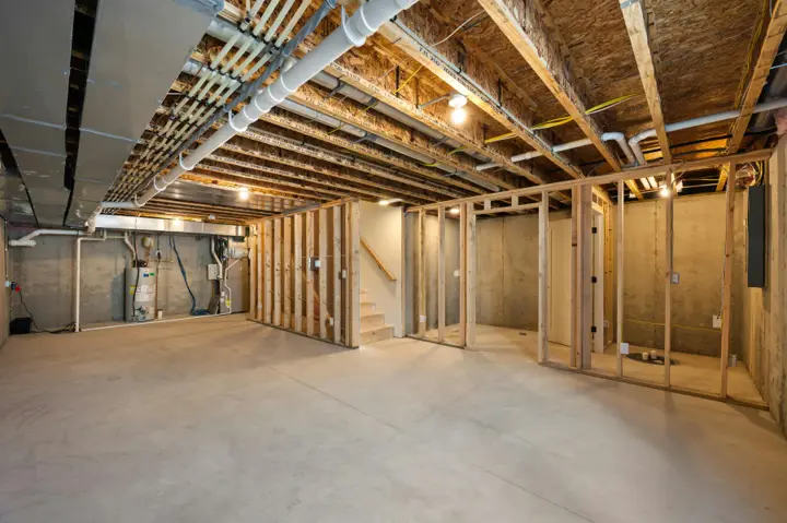 Unfinished basement with partition walls framed off the concrete, and ductwork, plumbing, and wiring running through the floor joists above