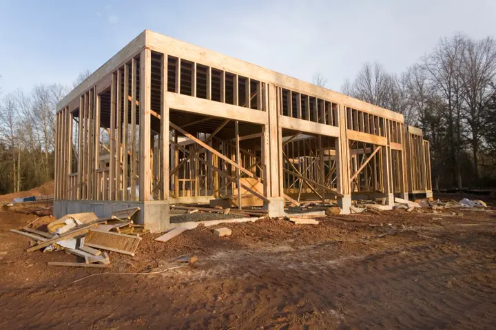 Detached garage framed on a concrete slab with sheathed walls, wide door openings, and diagonal bracing still in place