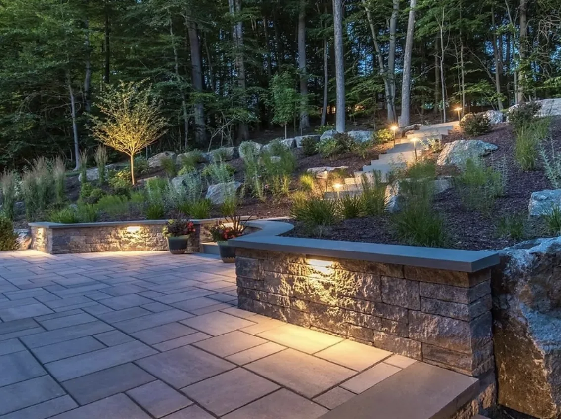 LED path and step lighting along an evening walkway
