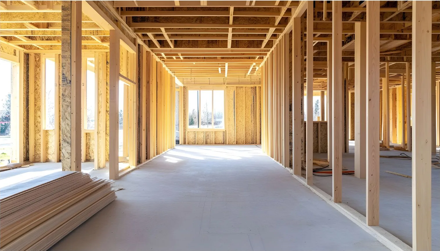 Sunlit interior of a framed house in winter, with stud walls, floor joists overhead, and bare trees visible through the window openings